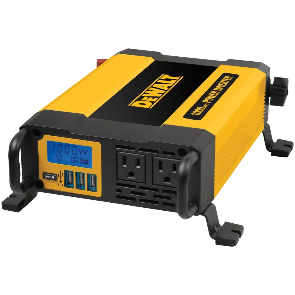 DEWALT DXAEPI1000 Power Inverter 1000W Car Converter with LCD Display 120V AC , 3.1A USB Ports, Battery Clamps