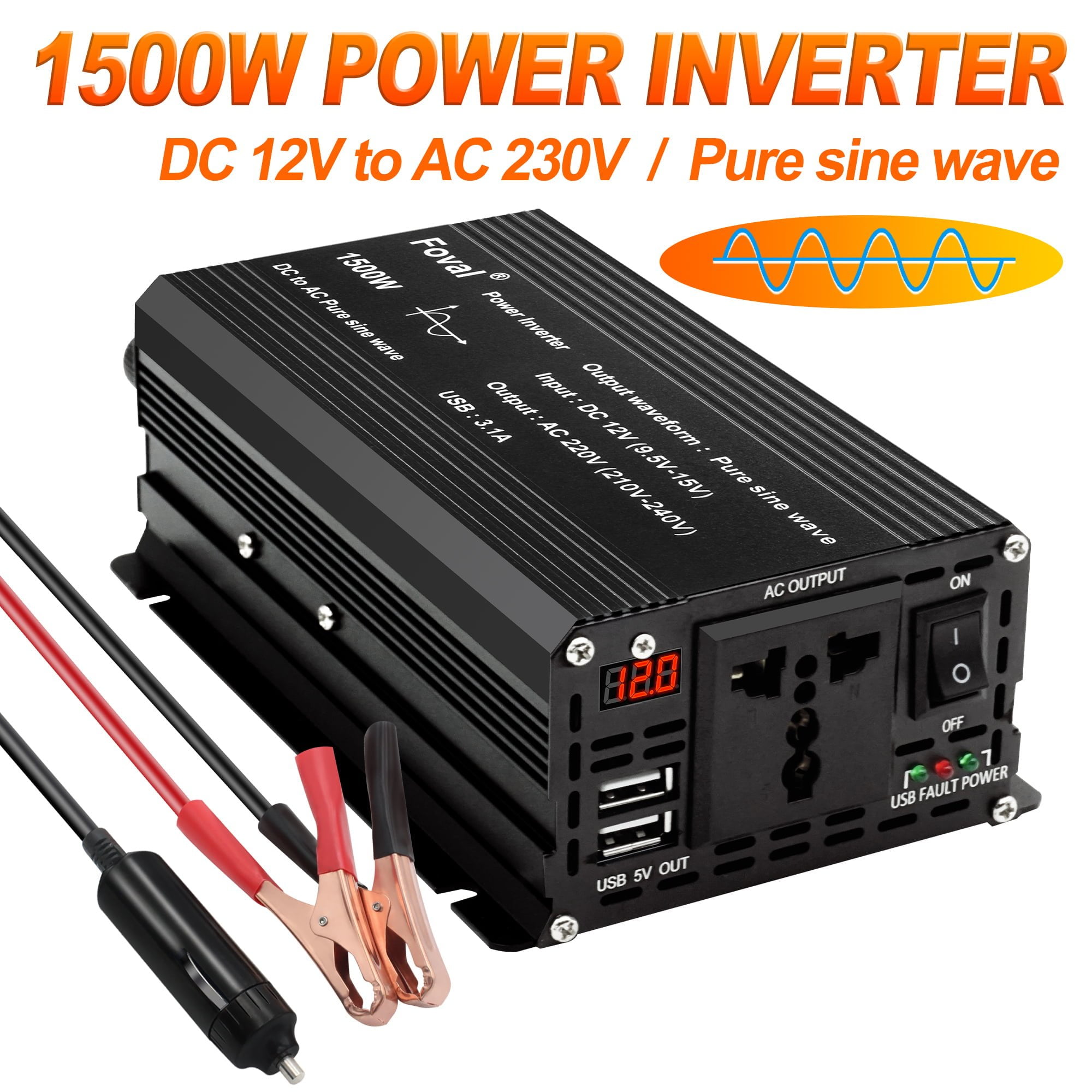 1500W Pure Sine Wave Solar Power Inverter  DC 12V To AC 220V - 230V 50Hz /  60Hz - Dartello