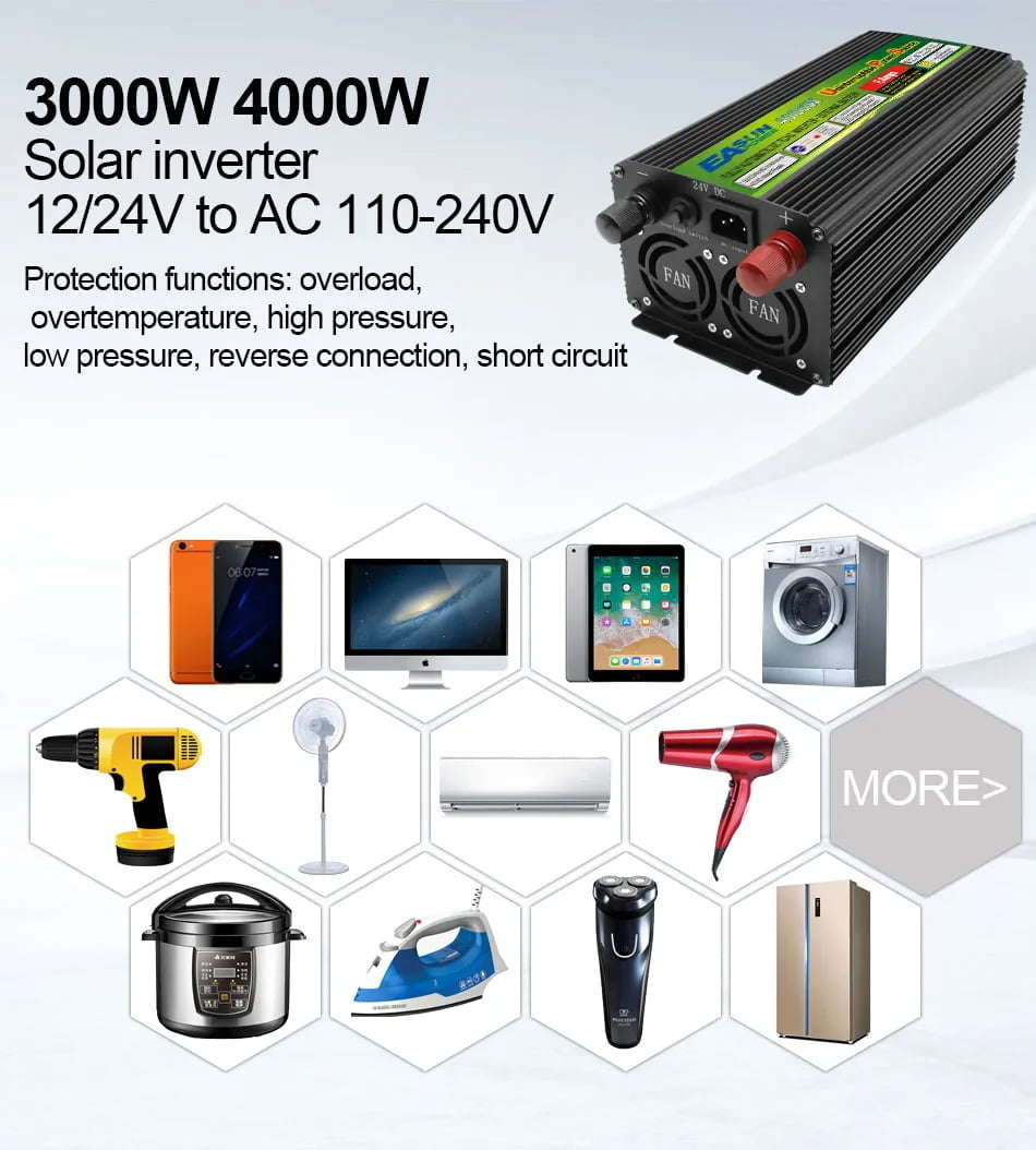 EASUN 3000W 1500W Power Inverter 12VDC, 24VDC to 220VAC or 230VAC or 240VAC DC TO AC Inverter