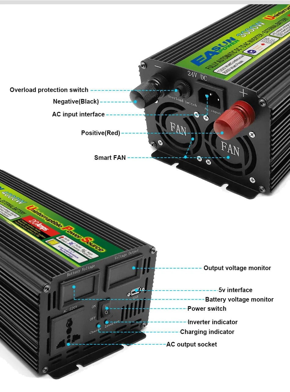 EASUN 3000W Power Inverter 12VDC, 24VDC to 220VAC or 230VAC or 240VAC DC TO AC Inverter