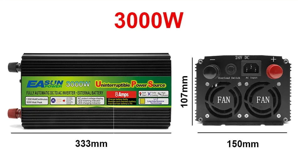 EASUN 3000W 1500W Power Inverter 12VDC, 24VDC to 220VAC 230VAC or DC TO AC Inverter