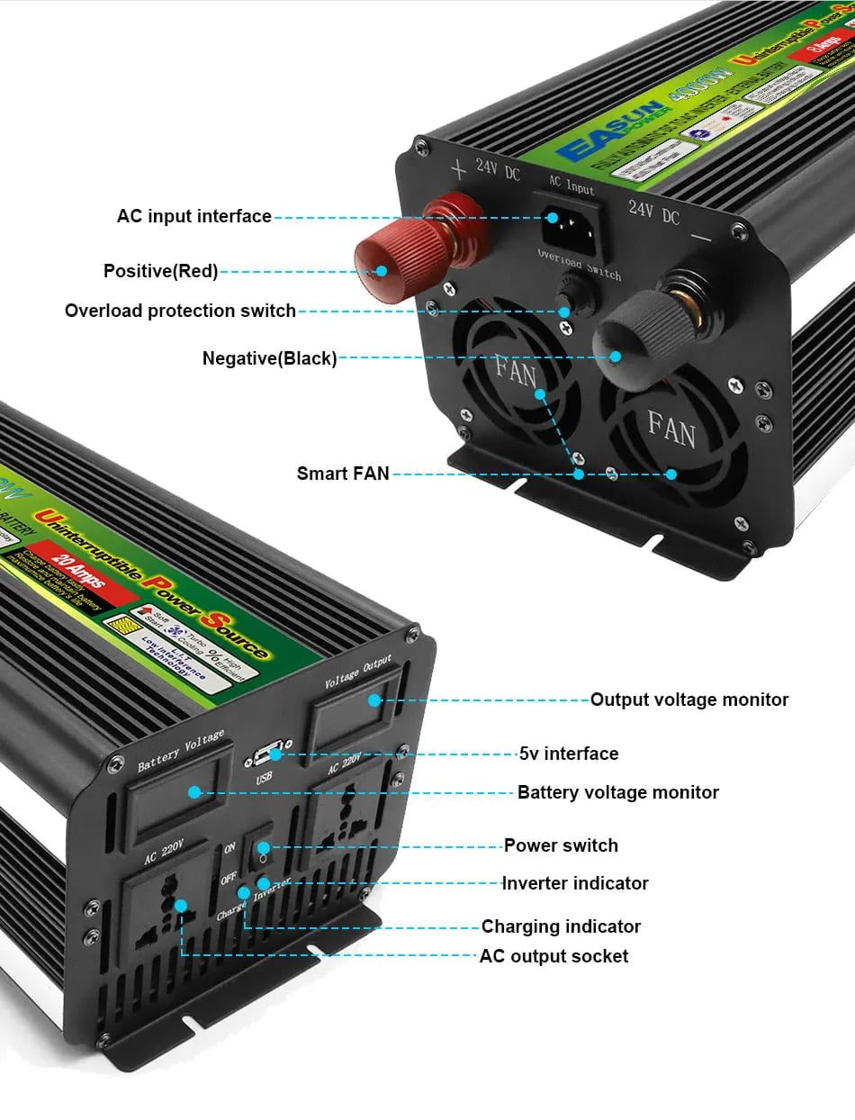 EASUN 4000W Power Inverter 12VDC, 24VDC to 220VAC or 230VAC DC TO AC Inverter